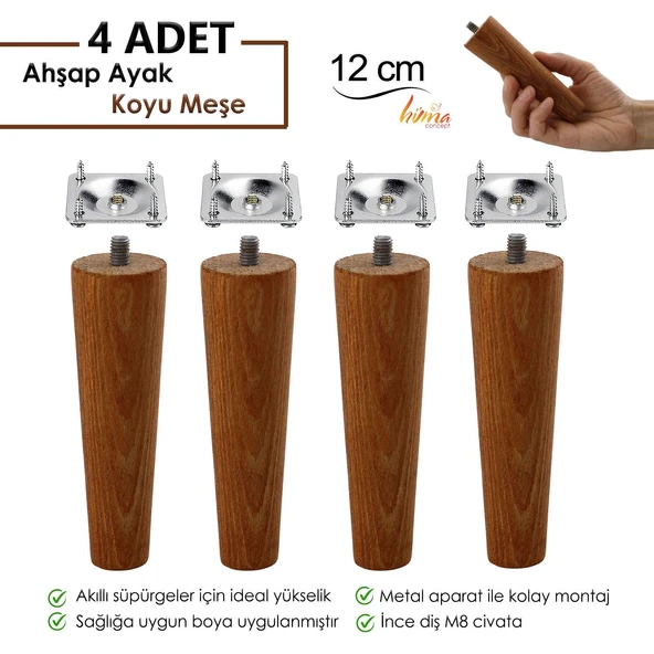 4 Adet Ahşap Ayak 12 Cm Koyu Meşe M8 Civatalı Bağlantı Aparatlı Dolap Mobilya Koltuk Kanepe Destek Ayağı Ayakları ürün görseli 1