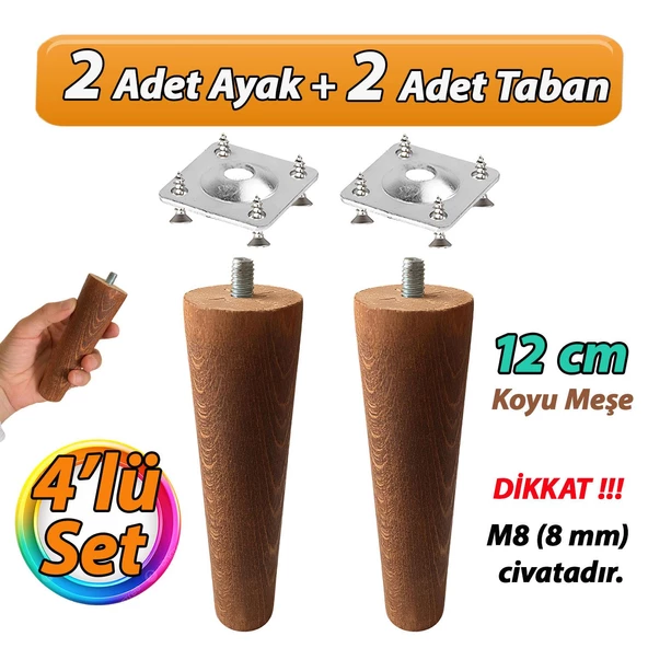 Ahşap Ayak 12 Cm 4'lü Set Koyu Meşe M8 Civatalı Bağlantı Aparatlı Dolap Mobilya Koltuk Kanepe Destek Ayağı Ayakları ürün görseli 1