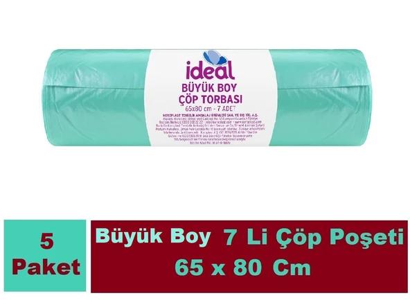 İdeal Çöp Poşeti Büyük Boy Yeşil 7 Li 65x80 Cm x 5 Adet ürün görseli 1