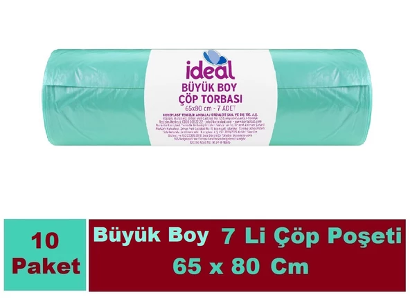 İdeal Çöp Poşeti Büyük Boy Yeşil 7 Li 65x80 Cm x 10 Adet ürün görseli 1