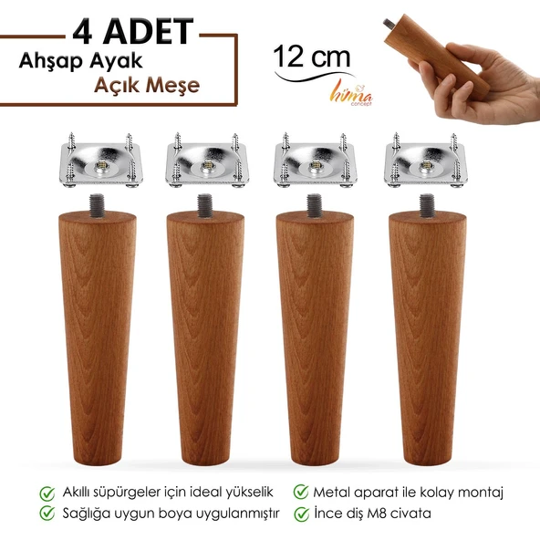 4 Adet Ahşap Ayak 12 Cm Açık Meşe M8 Civatalı Bağlantı Aparatlı Dolap Mobilya Koltuk Kanepe Destek Ayağı Ayakları ürün görseli 1