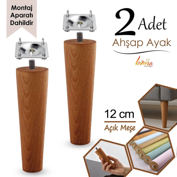 2 Adet Ahşap Ayak 12 Cm Açık Meşe M8 Civatalı Bağlantı Aparatlı Dolap Mobilya Koltuk Kanepe Destek Ayağı Ayakları ürün görseli 1