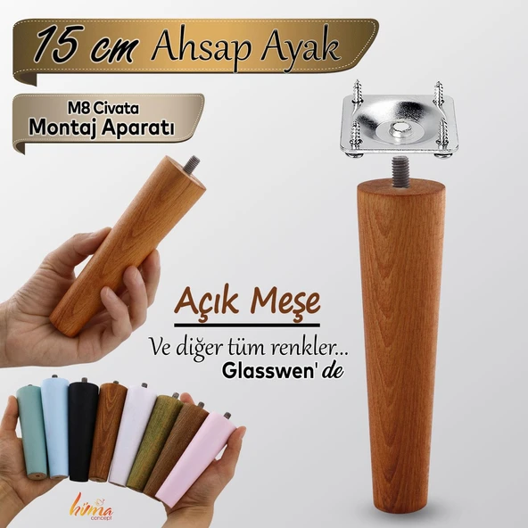 Ahşap Ayak 15 Cm Açık Meşe M8 Civatalı Bağlantı Aparatlı Dolap Mobilya Koltuk Kanepe Destek Ayağı ürün görseli 1