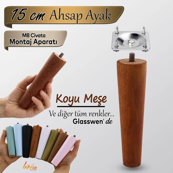 Ahşap Ayak 15 Cm Koyu Meşe M8 Civatalı Bağlantı Aparatlı Dolap Mobilya Koltuk Kanepe Destek Ayağı ürün görseli 1