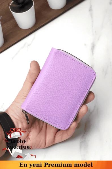 Fermuarlı Vegan Deri Cüzdan 10 Kart Bölmeli Kartlık Portföy Dik Mini Model Lila ürün görseli 1