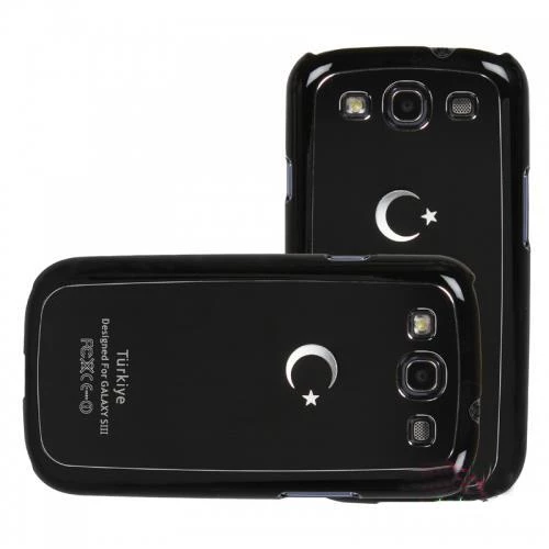 Galaxy S3 i9300 ile Uyumlu Sert Kauçuk Kılıf Ay Yıldızlı Model Siyah Renk ürün görseli 1