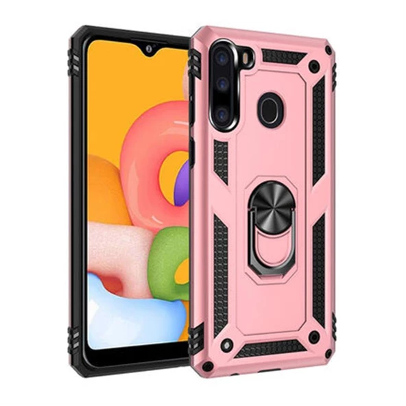 Zore Galaxy A21 ile Uyumlu Yüzüklü Standlı Zırhlı Silikon Kılıf Rose Gold ürün görseli 1