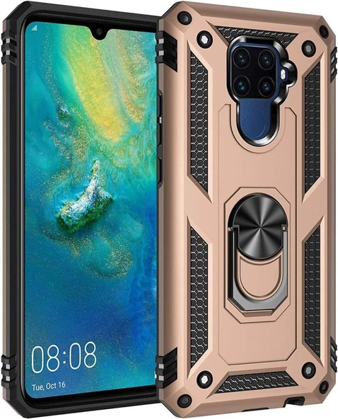 Mate 30 Lite ile Uyumlu Yüzüklü Standlı Zırhlı Silikon Kılıf Gold ürün görseli 1