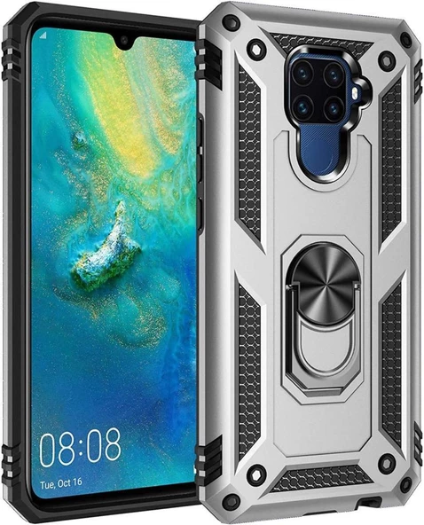 Mate 30 Lite ile Uyumlu Yüzüklü Standlı Zırhlı Silikon Kılıf Gümüş ürün görseli 1