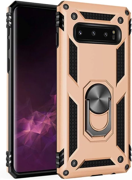 Galaxy S10 ile Uyumlu Yüzüklü Standlı Zırhlı Silikon Kılıf Gold ürün görseli 1