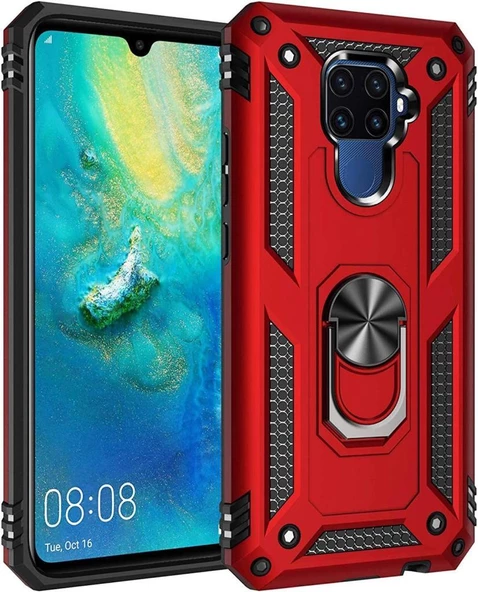 Mate 30 Lite ile Uyumlu Yüzüklü Standlı Zırhlı Silikon Kılıf Kırmızı ürün görseli 1