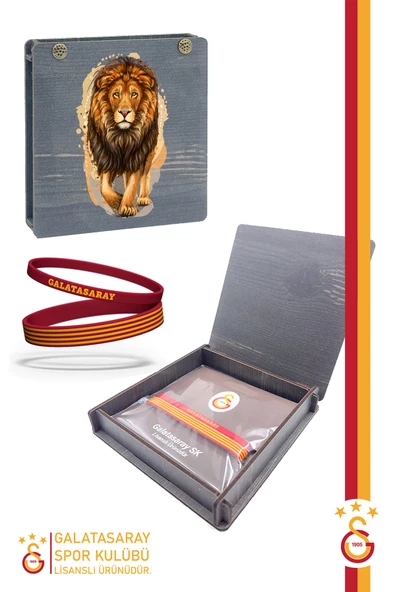Galatasaray Orijinal Lisanslı Sarı Kırmızı 2'li Bileklik Aslan Baskılı Hediyelik Ahşap Kutulu ürün görseli 1