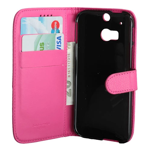 One M8 ile Uyumlu Deri Kılıf Yan Model Kartlıklı Cüzdanlı Pembe ürün görseli 1