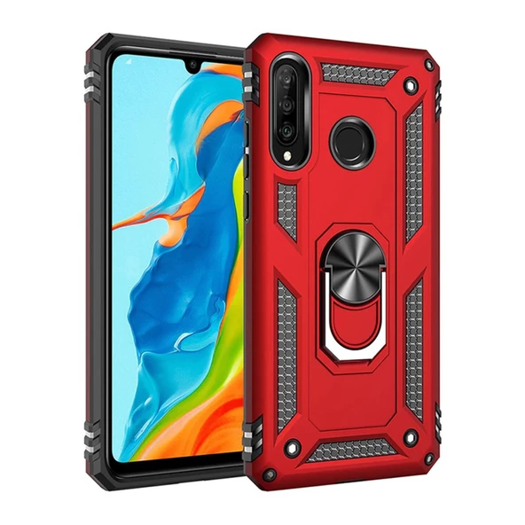 Galaxy A20S ile Uyumlu Yüzüklü Standlı Zırhlı Silikon Kılıf Kırmızı ürün görseli 1