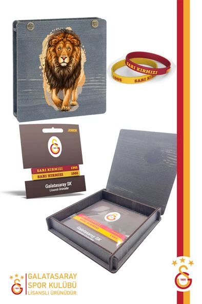 Galatasaray Orijinal Lisanslı Sarı Kırmızı 1905 2'li Bileklik Aslan Baskılı Hediyelik Ahşap Kutulu ürün görseli 1