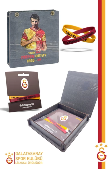 Galatasaray Orijinal Lisanslı Armanın Peşinde 2'li Bileklik Metin Oktay Baskılı Hediyelik Ahşap Kutu ürün görseli 1