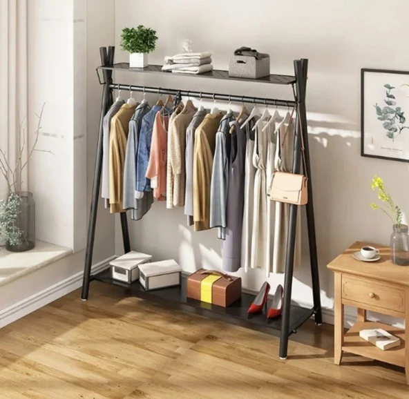 Metal Siyah Konfeksiyon Askısı Ayaklı Askılık Elbise Askılığı 150*165 cm 6017-NRM ürün görseli 1