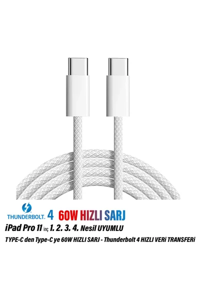 iPad Pro 11 inç 1. 2. 3. 4. Nesil Tablet Şarj Kablosu Type-C Thunderbolt 4 60W ürün görseli 1
