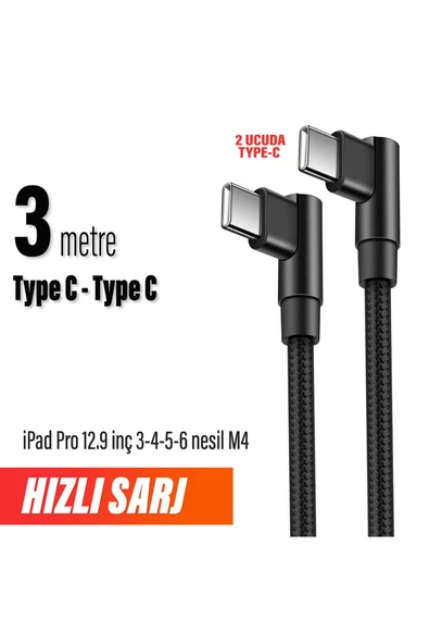 iPad Pro 12.9 inç 3 - 4 - 5 - 6 nesil Şarj Kablosu Uzun 3 metre Type C to Type C Hızlı Şarj Kablo 3m ürün görseli 1