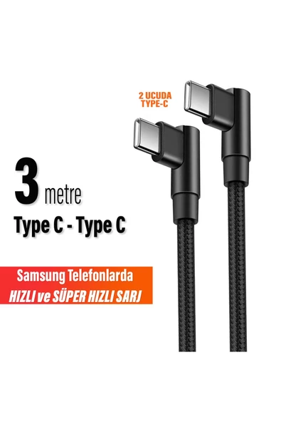3 Metre TYPE-C Şarj Kablosu HIZLI Şarj Samsung Uyumlu Type c to Type C Uzun ürün görseli 1