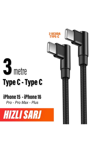 iPhone 15 - 16 - Pro - Pro Max - Plus Şarj Kablosu Uzun 3 metre Type C to Type C Hızlı Şarj Kablosu ürün görseli 1