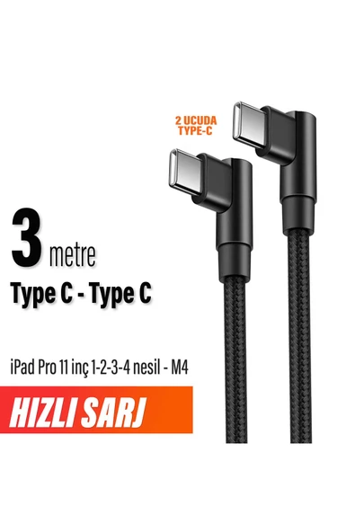 iPad Pro 11 inç 1-2-3-4 nesil M4 Şarj Kablosu Uzun 3 metre Type C to Type C Hızlı Şarj Kablosu ürün görseli 1