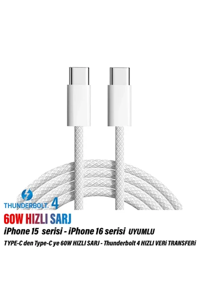 iPhone 16-16 Plus  16 Pro-16 Pro Max Type-C Şarj Kablosu Thunderbolt 4 (USB-C) HIZLI 60W ürün görseli 1