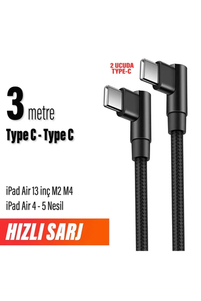 iPad Air 13 inç M2 M4 iPad Air 4 - 5 Nesil Şarj Kablosu Uzun 3 metre Type C to Type C Hızlı Şarj ürün görseli 1