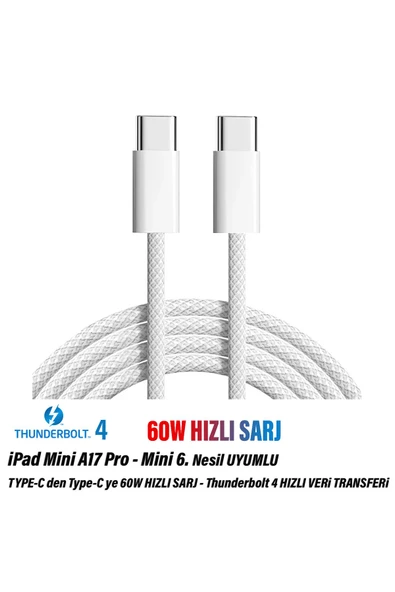 iPad mini A17 Pro - iPad Mini 6. Nesil Tablet Şarj Kablosu Type-C Thunderbolt 4 60W ürün görseli 1