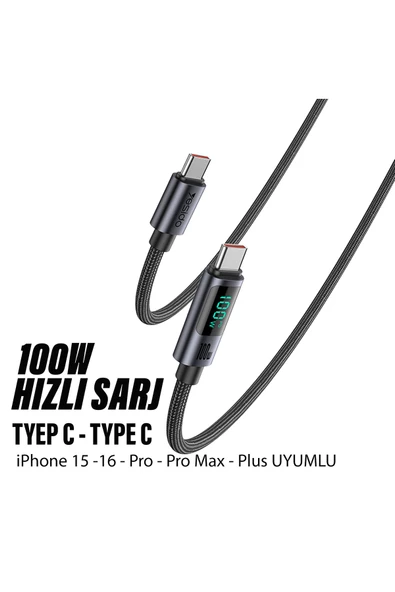 100W Type C to Type C Hızlı Şarj Kablosu 120cm Led Göstergeli 120cm 100W HIZLI ürün görseli 1