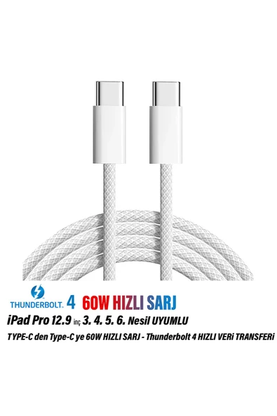 iPad Pro 12.9inç 3. 4. 5. 6. Nesil Tablet Şarj Kablosu Type-C Thunderbolt 4 60W ürün görseli 1