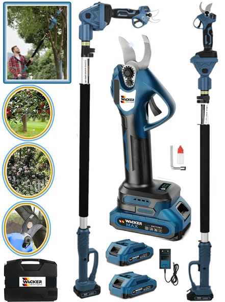 Wacker Pro Alman W-5250-M Teleskop Uzatmalı + Çift Akü 10 Pilli Bağ Budama Makası 32 MM Çelik Bıçak ürün görseli 1