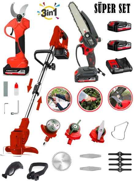 Eisenn Kimmer Premium 3 İn 1 Red Akülü Bahçe Seti Çim Biçme Tırpan + Budama Testeresi + Budama Makası ürün görseli 1