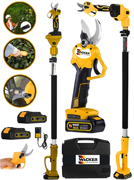 Wacker Pro Alman W-4580-S Teleskop Uzatmalı + Çift Akü 10 Pilli Bağ Budama Makası 32 MM Çelik Bıçak ürün görseli 1