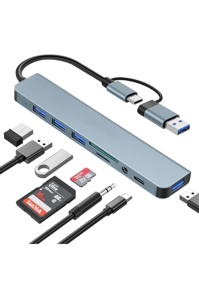 Usb Çoklayıcı 8 İn 1 Usb Type-c Hub Adaptör 4 Usb Port Sd/tf Kart Okuyucu 3.5mm Ses Girişi Çoklayıcı ürün görseli 1