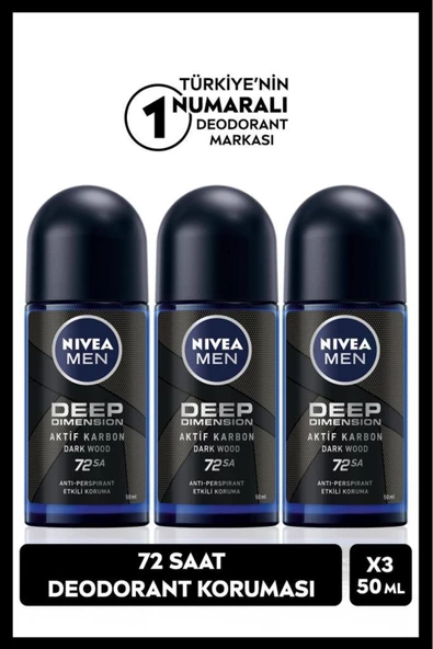 Nivea Men Deep Dimension Aktif Karbon 72 Saat Erkek Roll-On Deodorant 3 x 50 ML ürün görseli 1