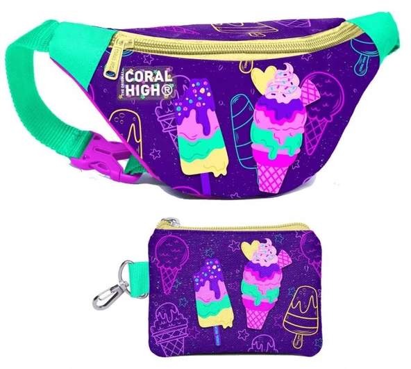 Coral High Kız Çocuk Mor Pembe Dondurma Desenli Bel Çantası ve Bozuk Para Cüzdanı Set ürün görseli 1