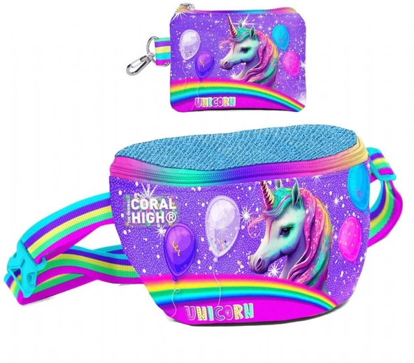 Coral High Kız Çocuk Mor Simli Unicorn Desenli Bel Çantası ve Bozuk Para Cüzdanı Set ürün görseli 1