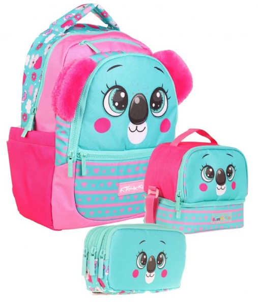Kaukko Kids Kız Çocuk Üçlü İlkokul 1.2.3.4. Sınıf Okul Çanta Seti - Sevimli Koala Şekilli - Yeşil Kırmızı ürün görseli 1