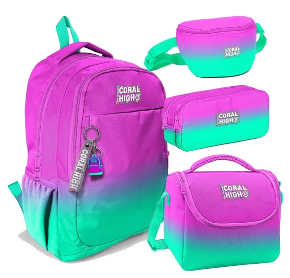 Coral High Pembe Su Yeşili Renk Geçişli Desenli Kız Çocuk Dörtlü Okul Çanta Seti - İlkokul ve Ortaokul İçin Uygun ürün görseli 1