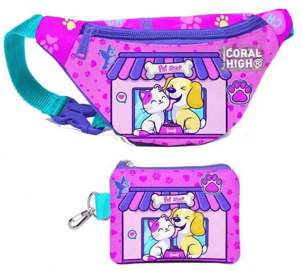 Coral High Kız Çocuk Kedi Köpek Desenli Bel Çantası ve Bozuk Para Cüzdanı Set ürün görseli 1