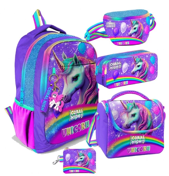 Coral High Mor Simli Unicorn Desenli Kız Çocuk Beşli Okul Çanta Seti - İlkokul ve Ortaokul İçin Uygun ürün görseli 1