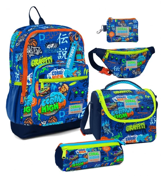 Coral High Erkek Çocuk Saks Grafiti Desenli Beşli İlkokul Okul Çanta Seti ürün görseli 1