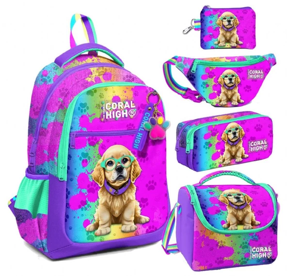 Coral High Mor Pembe Köpek Desenli Kız Çocuk Beşli Okul Çanta Seti - İlkokul İçin Uygun ürün görseli 1