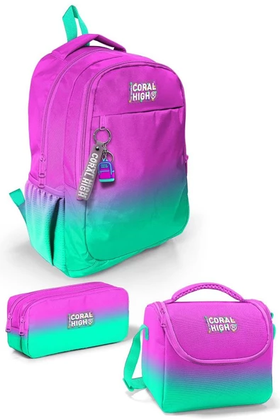 Coral High Kids Pembe Su Yeşili Renk Geçişli 3'lü Okul Çanta Seti SET0123664 ürün görseli 1