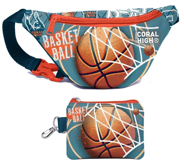Coral High Erkek Çocuk Nefti Turuncu Basketbol Desenli Bel Çantası ve Bozuk Para Cüzdanı Set ürün görseli 1