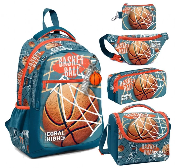 Coral High Nefti Turuncu Basketbol Desenli Erkek Çocuk Beşli Okul Çanta Seti - İlkokul İçin Uygun ürün görseli 1