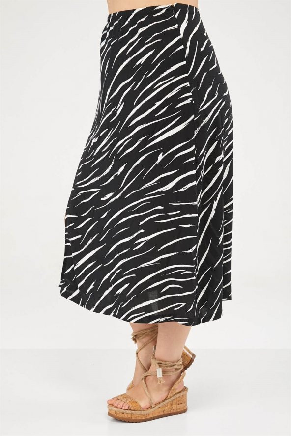 Zebra Desen Yırtmaçlı Etek-SİYAH - Resim 4
