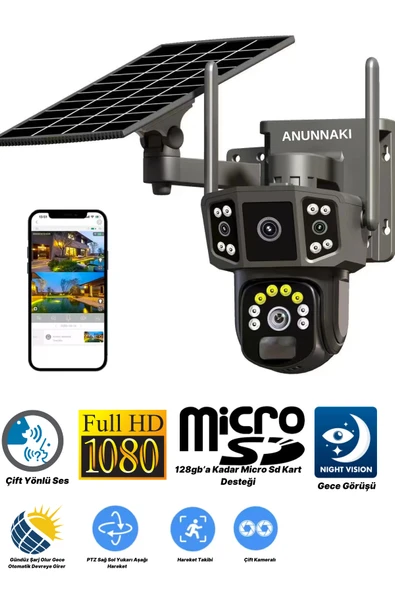 Solar Kamera Güneş Enerjili 1080p Full HD Çift Kameralı Extra Led Alarm Ses Akıllı Güvenlik Kamerası ürün görseli 1