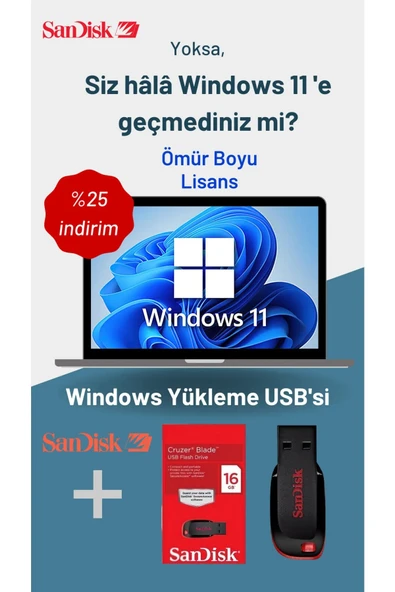 Windows 11/10 Lisans Key + Windows 11/10 Yüklü Sandisk 16 Gb Usb-ömür Boyu Kullanım-full Versiyon ürün görseli 1